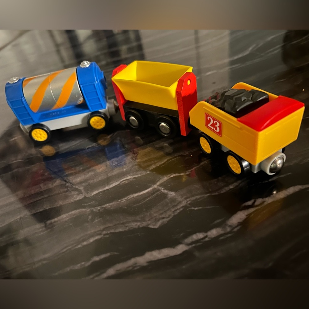 Vintage train set Brio yellow tipping wagon and Toy State mixer and coal